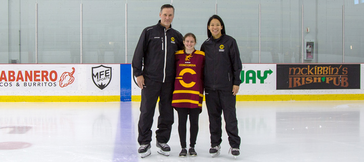 Stingers coaches Mike McGrath and Julie Chu with Léonie Philbert.