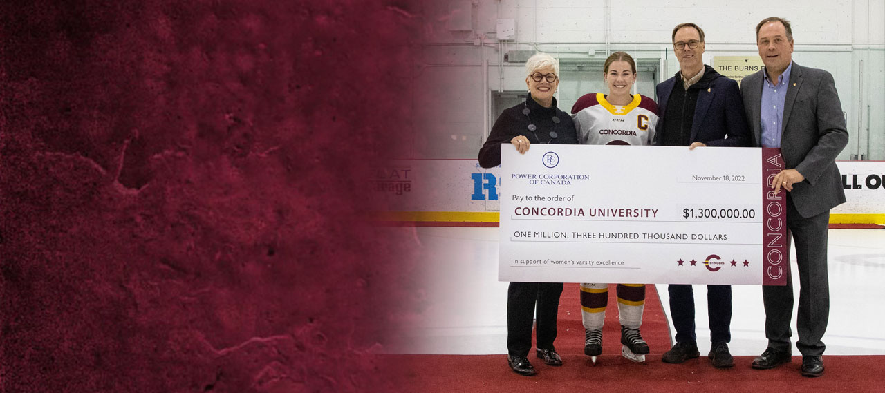Peter Kruyt (left) presents cheque to Provost Anne Whitelaw and Stingers coaches.