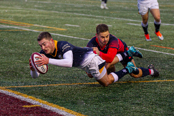 The No. 1-ranked UBC Thunderbirds score a try in their first game.